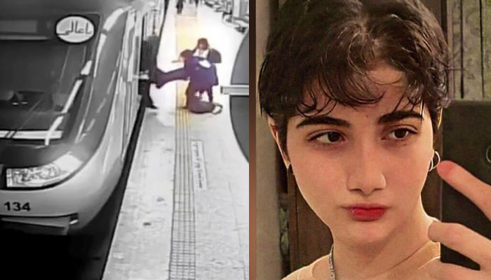 In this image from a surveillance video aired by Iranian state television, women pull 16-year-old Armita Geravand from a train car on the Tehran Metro in Tehran, Iran, Sunday, October 1, 2023 (L) and Ms Geravand is in critical condition, two rights activists told Reuters. — Reuters/X