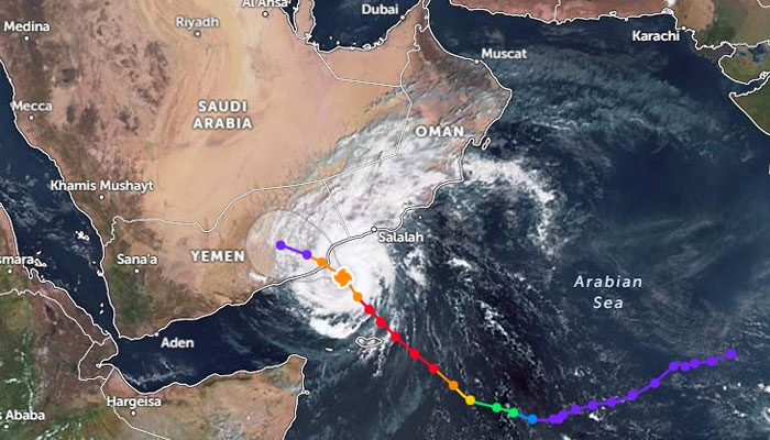 This satellite image shows the journey of Cyclone Tej detected in the southwest Arabian Sea. — Screengrab/Zoom Earth