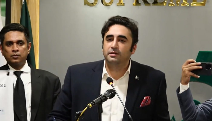 PPP Chairman Bilawal Bhutto-Zardari addresses SCBAs event to celebrate the golden jubilee of the Constitution of Pakistan on October 23, 2023, in this still taken from a video. — X/@MediaCellPPP