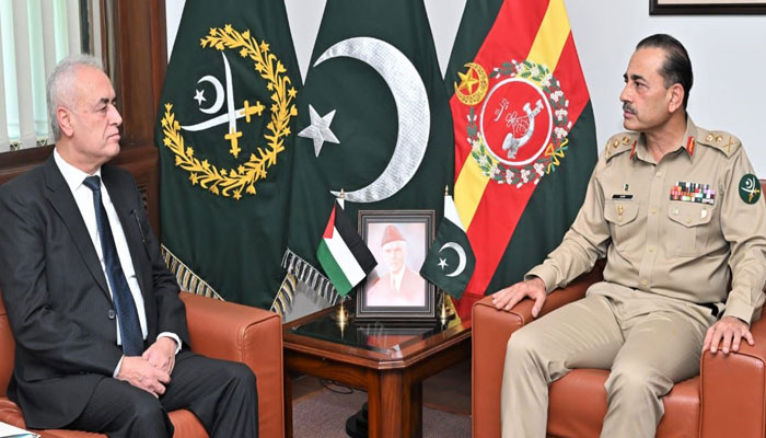 Chief of Army Staff (COAS) General Asim Munir (right) meeting with Palestinian Ambassador to Pakistan Ahmad Jawad at General Headquarters in Rawalpindi on October 24, 2023. — ISPR