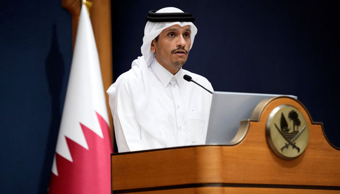 Qatars Prime Minister and Foreign Minister Mohammed bin Abdulrahman Al Thani makes statements to the media with US Secretary of State Antony Blinken, in Doha, Qatar, October 13, 2023. — Reuters