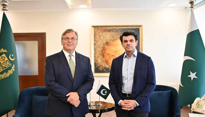 US Ambassador to Pakistan Donald Blome (left) and SAPM on Overseas Pakistanis & Human Resource Development Jawad Sohrab during a meeting in Islamabad on October 25, 2023. — X/@JawadSohrab