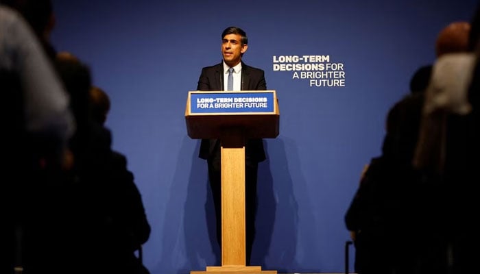 British Prime Minister Rishi Sunak delivers a speech on AI at Royal Society, Carlton House Terrace, October 26, 2023 in London, England. — Reuters