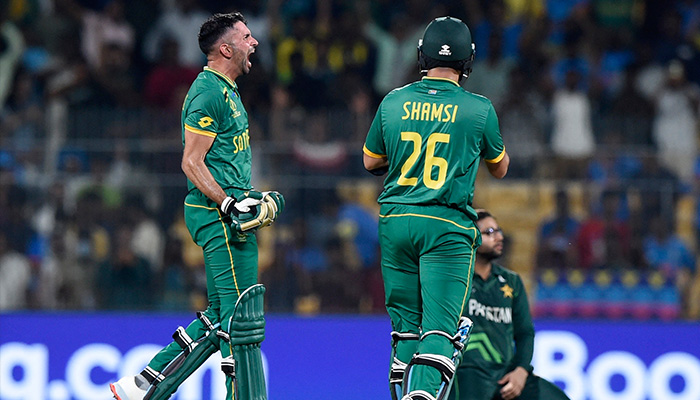 South Africas Keshav Maharaj and Tabraiz Shamsi celebrate after South Africa win the match by 1 wicket. — Reuters