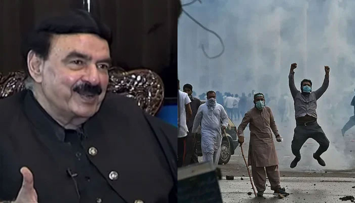 AML Chief Sheikh Rashid Ahmed (left) and TLP protesters. — YouTube/AFP/File