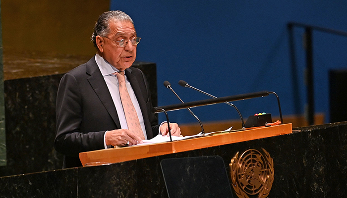 Permanent Representative of Pakistan to the United Nations Munir Akram speaks during the 10th Emergency Special Session (resumed) 39th plenary meeting on the Israeli-Palestinian conflict at the United Nations headquarters in New York City on October 27, 2023. — AFP