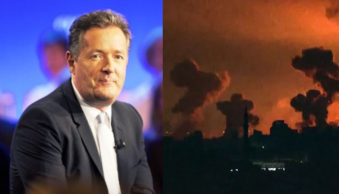 Piers Morgan and an image grab from an AFP TV footage shows fire and smoke rising above Gaza City during an Israeli strike on Oct. 27, 2023. — AFP/File