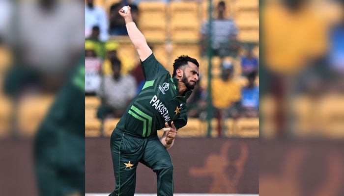 Pakistan´s Hasan Ali bowls during the 2023 ICC Men´s Cricket World Cup match between Australia and Pakistan at the M. Chinnaswamy Stadium in Bengaluru on October 20, 2023. — AFP