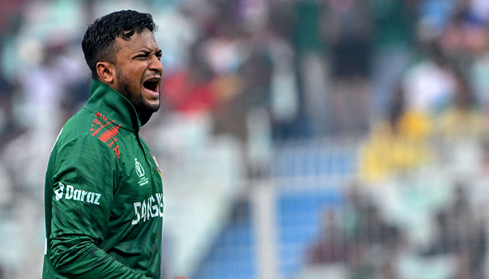 Bangladeshs captain Shakib Al Hasan reacts during a World Cup match between Netherlands and Bangladesh at the Eden Gardens in Kolkata on October 28, 2023. — AFP