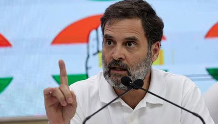 Rahul Gandhi, a senior leader of Indias main opposition Congress party, gestures as he addresses the media at Congress headquarters in New Delhi, India, October 9, 2023.—Reuters