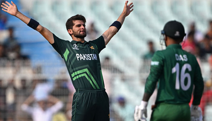 Pakistan´s Shaheen Shah Afridi celebrates after taking the wicket of Bangladesh´s Tanzid Hasan during the 2023 ICC Men´s Cricket World Cup one-day international (ODI) match between Pakistan and Bangladesh at the Eden Gardens in Kolkata on October 31, 2023. — AFP