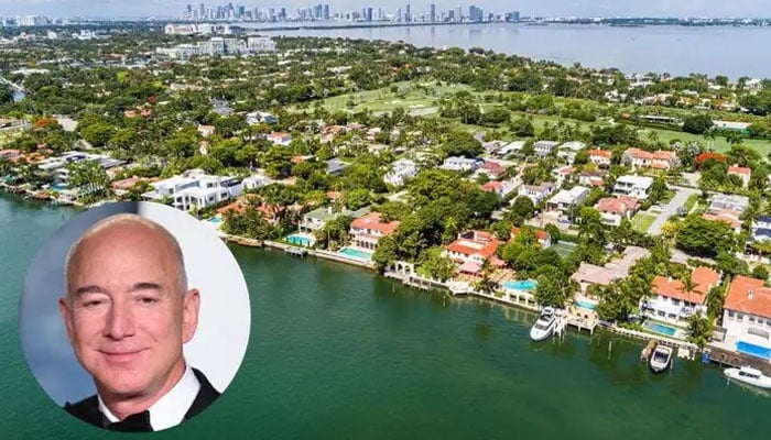 Jeff Bezos and an aerial view of Indian Creek Island where Billionaire Bunker is located. — X/@jeffreygreenberg