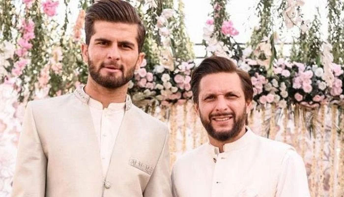 Pakistani pacer Shaheen Shah Afridi (left) poses with his father-in-law Shahid Afridi during his Nikah ceremony in Karachi on February 4, 2023. — X/iShaheenAfridi