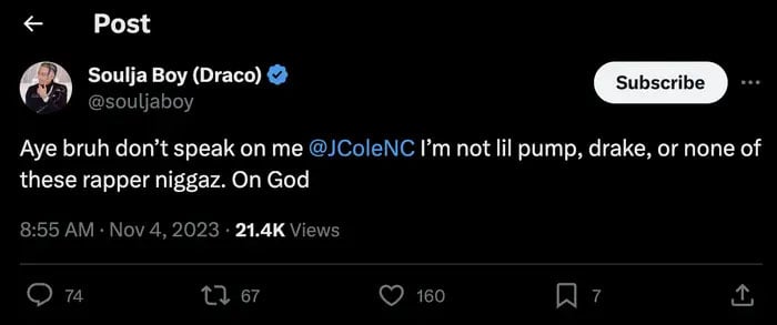 Soulja Boy sounds off on J.Cole haters comment