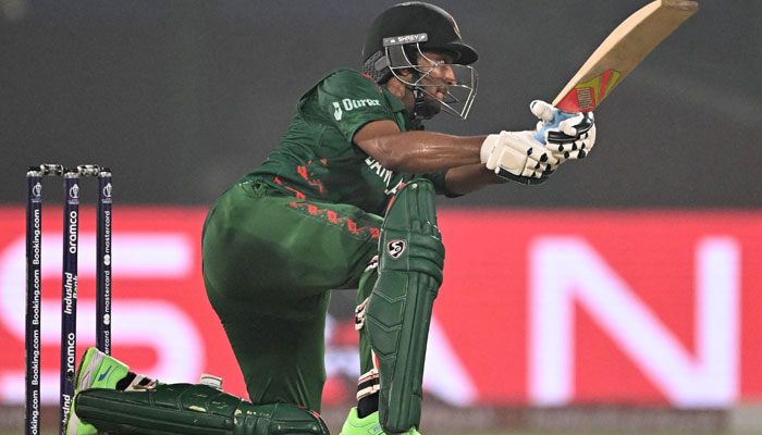 Bangladesh’s captain Shakib Al Hasan plays a shot during the 2023 ICC Men’s Cricket World Cup one-day international (ODI) match between Bangladesh and Sri Lanka at the Arun Jaitley Stadium in New Delhi on November 6, 2023. – AFP