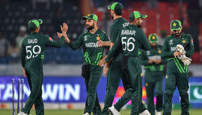 Pakistan´s players celebrate after winning the World Cup match between Pakistan and Netherlands at the Rajiv Gandhi International Stadium in Hyderabad on October 6, 2023.  — AFP