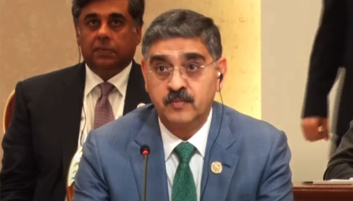Caretaker Prime Minister Anwaar-ul-Haq Kakar speaks during the 16th Economic Cooperation Organisation Summit on November 9, 2023, in this still taken from a video. — X/@PakPMO