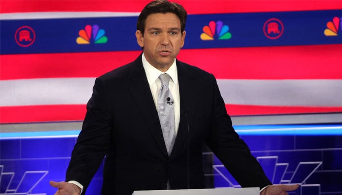 Florida Governor Ron DeSantis speaks at the third Republican candidates US presidential debate of the 2024 US presidential campaign hosted by NBC News at the Adrienne Arsht Center for the Performing Arts in Miami, Florida, US, November 8, 2023. — Reuters