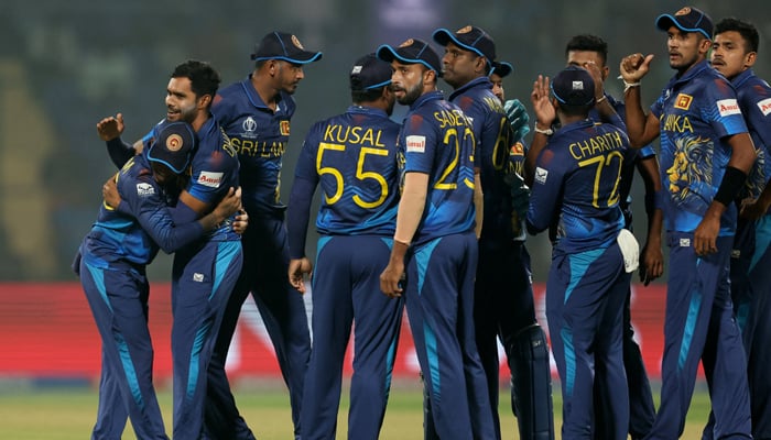 Bangladesh v Sri Lanka - Arun Jaitley Stadium, New Delhi, India - November 6, 2023 Sri Lankas Dilshan Madushanka celebrates with teammates after taking the wicket of Bangladeshs Tanzid Hasan, caught out by Pathum Nissanka. — Reuters