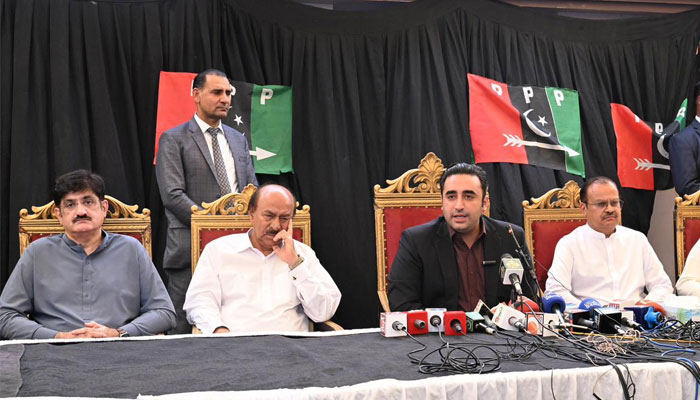 Pakistan Peoples Party (PPP) Chairman Bilawal Bhutto Zardari addressing a press conference in Mithi, Sindh, on November 14, 2023. — X/@MediaCellPPP