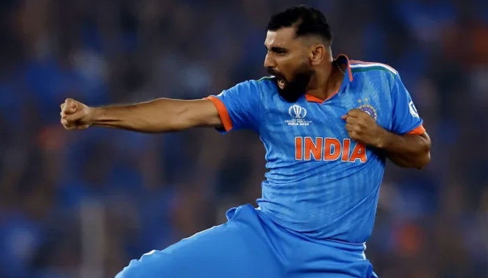 Indias Mohammad Shami celebrating taking a wicket in the ICC World Cup 2023 final between India and Australia at Ahmedabads Narendra Modi stadium on November 19, 2023. — ICC