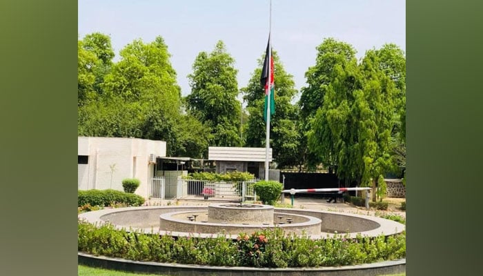 Flag of Afghanistan hoisted at the Afghanistan Embassy in India. — Facebook