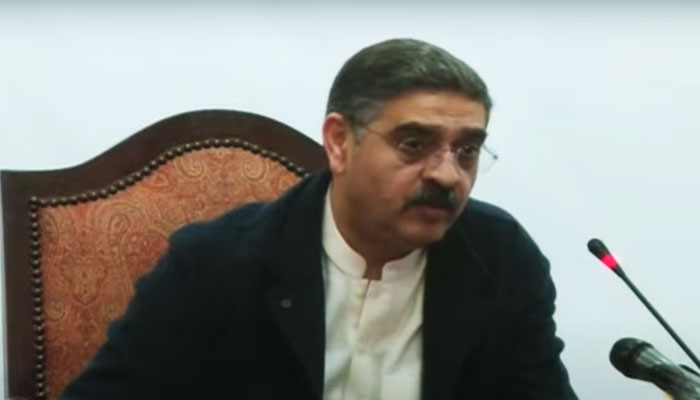 Caretaker Prime Minister Anwaar-ul-Haq Kakar addressing an interactive session  titled Breakfast with the Prime Minister in Islamabad in this still taken from a video. — YouTube/Geo News