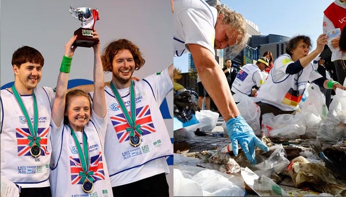 Members of team UK pose with their victory trophy at an award ceremony during a trash picking competition known as Spogomi World Cup in Tokyo, Japan November 22, 2023. —Reuters