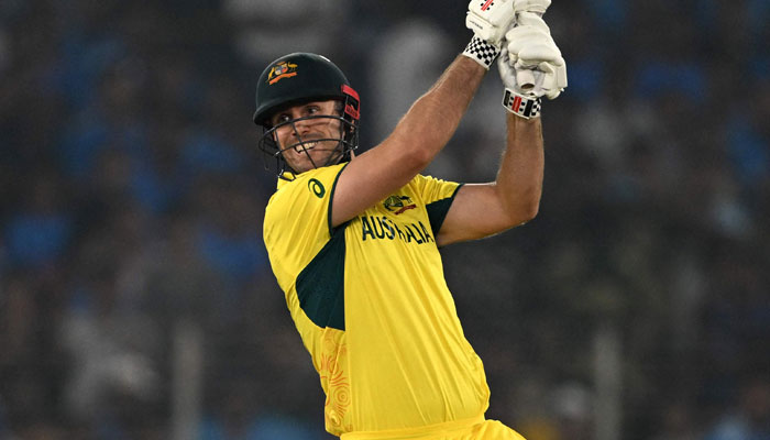 Australia´s Mitchell Marsh plays a shot during the 2023 ICC Men´s Cricket World Cup one-day international (ODI) final match between India and Australia at the Narendra Modi Stadium in Ahmedabad on November 19, 2023.