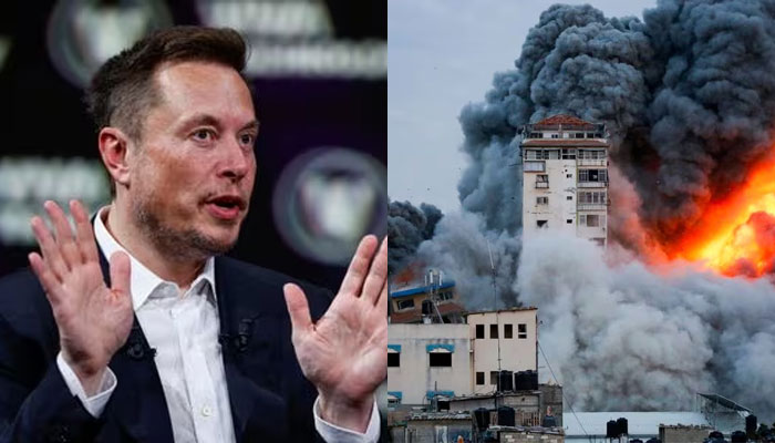 Elon Musk, Chief Executive Officer of SpaceX and Tesla and owner of Twitter, gestures, as he attends the Viva Technology conference (L), and Smoke and flames, billow after Israeli forces struck a high-rise tower in Gaza City, October 7, 2023(R). —Reuters/file