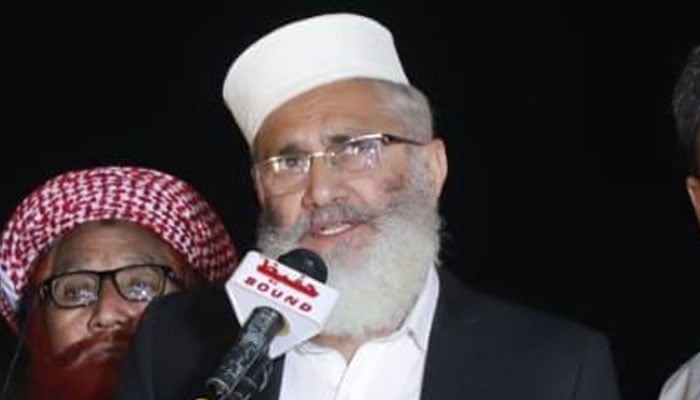 Jamaat-e-Islami (JI) Emir Sirajul Haq speaking at a political gathering in Dera Ghazi Khan on November 26, 2023. — Facebook/Jamaat -e- Islami Pakistan