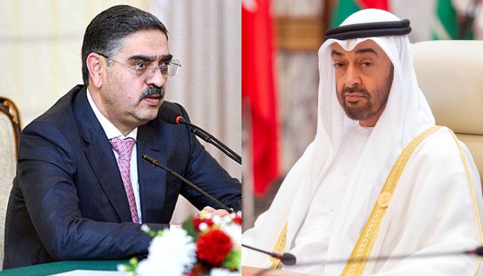Caretaker Prime Minister Anwaar-ul-Haq Kakar (left) and UAE President Sheikh Mohamed bin Zayed Al Nahyan. — APP/Reuters/File