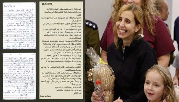 This combination of images shows Israeli hostages, Danielle Aloni (Right) and her daughter Emilia after their release and the letter she wrote to Hamas which was shared by Al Qassam Brigades, the armed wing of Hamas, on their official Telegram. — Reuters/File
