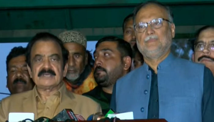 PML-N leaders Rana Sanaullah (left) and Ahsan Iqbal addressing a press conference in Lahore, on December 2, 2023, in this still taken from a video. — YouTube/GeoNews
