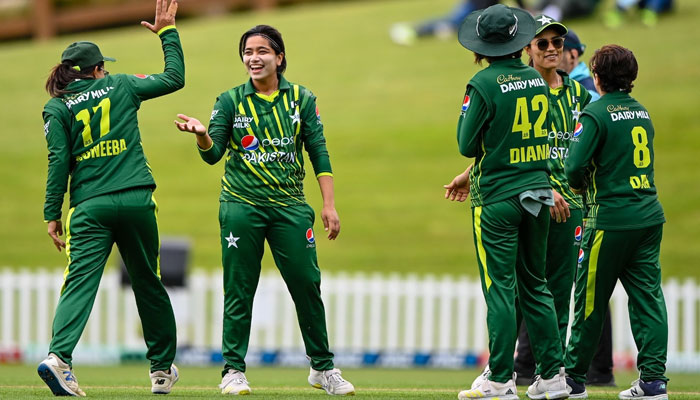 Pakistan Women celebrate as they dismiss a New Zealand batter in the first T20I at the University of Otago Oval in Dunedin, New Zealand on December 3, 2023. — X/@TheRealPCB