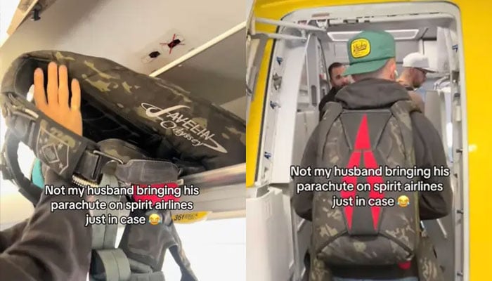 A Spirit Airlines passenger named Brandon Brooks sparked guffaws galore after he was spotted wearing a parachute aboard a flight — with many viewers joking that it was a smart move given the seemingly chaos-prone budget carrier.—TikTok@kaganbrooks