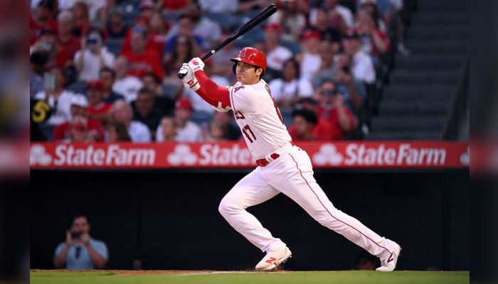 Los Angeles Angels designated hitter Shohei Ohtani (17) lines out against the Cincinnati Reds during the second inning at Angel Stadium, in Anaheim, California, US on August 23, 2023. — Reuters