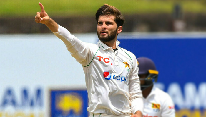 Pakistan star pacer Shaheen Shah Afridi gestures during a Test match against Sri Lanka in this undated image. — AFP/File