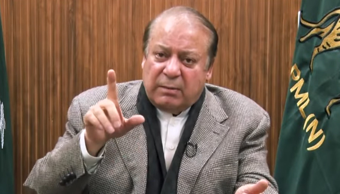 PML-N supremo Nawaz Sharif speaks during a recorded address to supporters in this still taken from a video on December 14, 2023. — YouTube/GeoNews