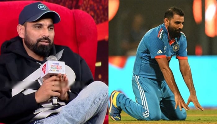 A collage of Indian pacer Mohammad Shami speaking at a show and a still taken from a video from a World Cup match. — X/sports_tak