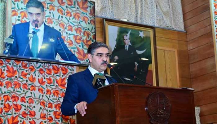 Caretaker PM Anwaar-ul-Haq Kakar is addressing a legislative assembly of AJK on December 15, 2023. — APP