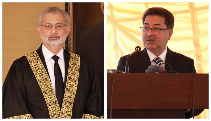 CJP Qazi Faez Isa (left) and CEC Sikandar Sultan Raja. — SC/Facebook/@@PakistanECP/File