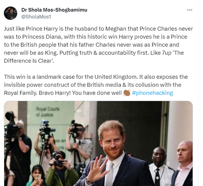 Prince Harry is real Prince to British people, Dr Shola reacts to Dukes historic win