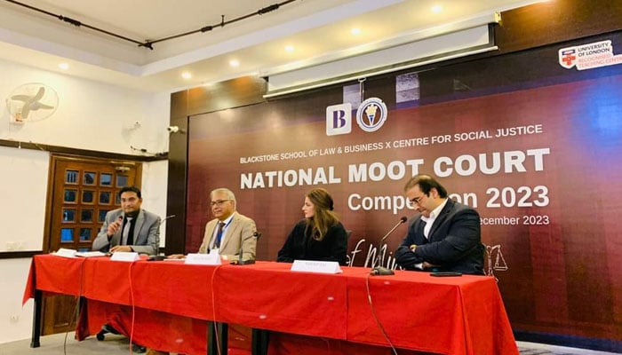 Panellists attending the three-day national moot court competition 2023 on the topic “Rights of Religious Minorities and forced faith conversion in Pakistan” in Lahore on December 16, 2023.