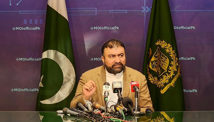 Former caretaker interior minister Sarfraz Ahmed Bugti during a press conference in Islamabad on Friday, 8 December, 2023. — PID