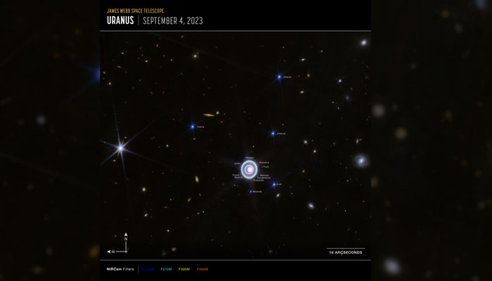 Annotated wide-field compass image of Uranus with some of its 27 moons and a few prominent stars (with characteristic diffraction spikes) labelled.—NASA