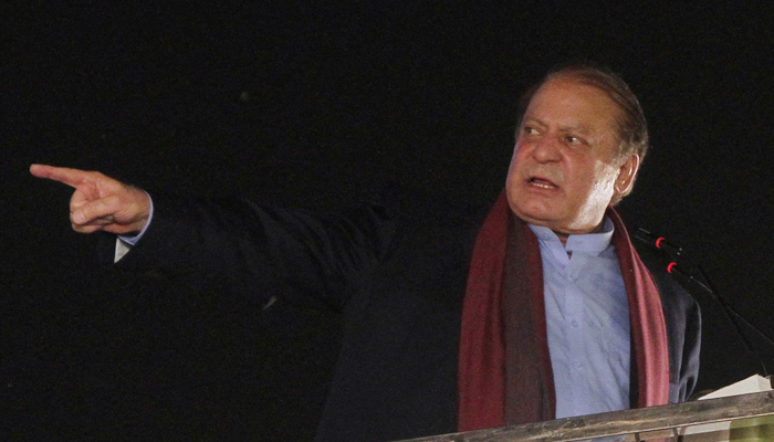 Former PM Nawaz Sharif addresses supporters upon his arrival from a self-imposed exile in London, ahead of the 2024 Pakistani general election, in Lahore, on October 21, 2023. — Reuters