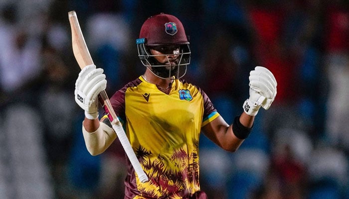 West Indies Shai Hope celebrates hitting a six to seal victory over England. — Sky Sports