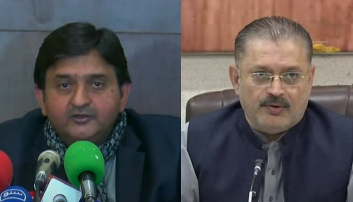 PML-N leader Malik Ahmad Khan (L) and PPP leader Sharjeel Inam Memon (R) on December 23, 2024. —Screengrab/Geo News