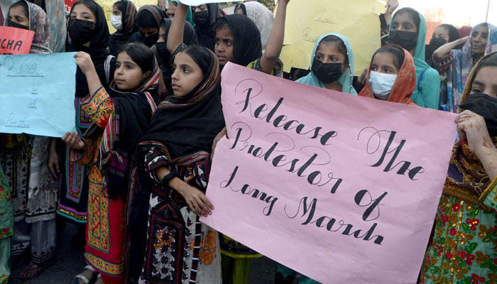 Members of Civil Society and the Baloch Community are holding a protest demonstration against the Islamabad polices used of force to disperse and detain Baloch demonstrators in Islamabad, held at the Karachi press club on Saturday, December 23, 2023. — PPI